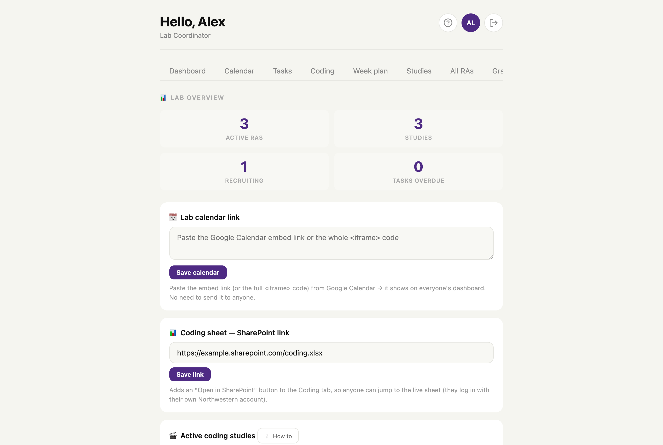 Coordinator lab overview with stats and settings