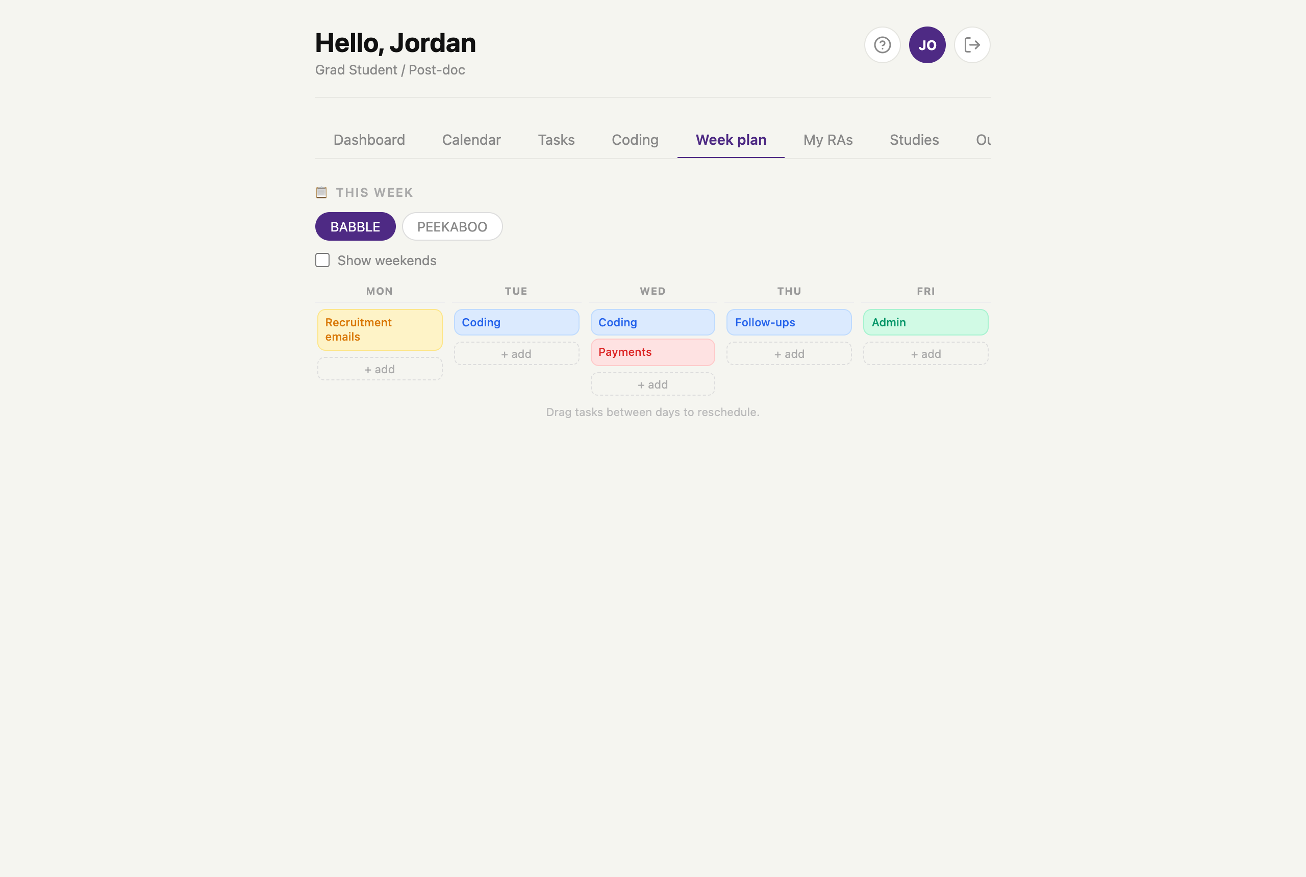 Weekly planner with drag and drop